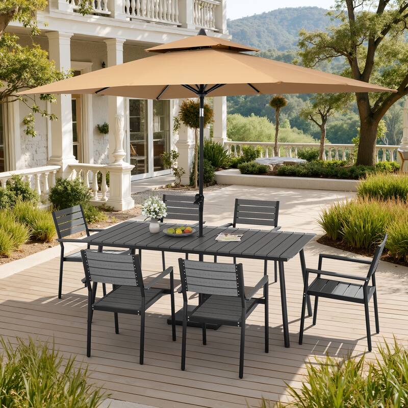 9PC Outdoor Patio Dining Set Aluminum Table with Stackable Armchairs w/ Market Umbrella Set - GreyTable&GreyChairs&TanUmbrella