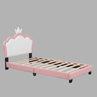 Pink and White Twin/Full Princess Bed with Crown Headboard, No Box Spring Needed