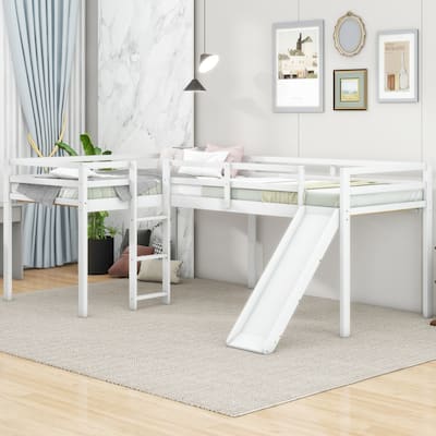 L-Shaped Twin Loft Bed with Slide and Ladder - Space-Saving Corner Design