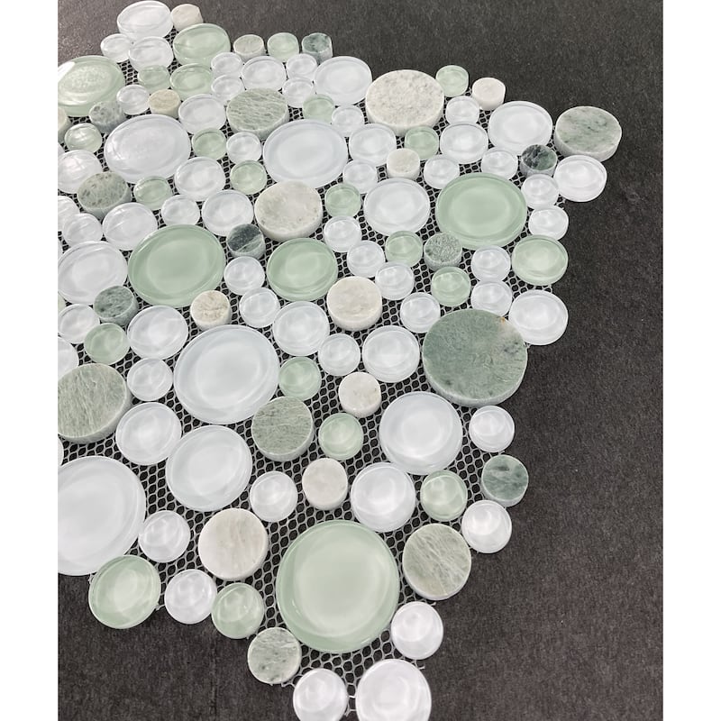 Green & White Pebble Round Glass And Marble Mosaic Tile - Case (10 Sheets)