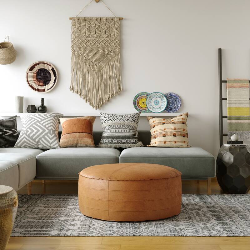 WYNDENHALL Wendal Boho Round Pouf -  32" D x 32" W x 14" H - Distressed Brown