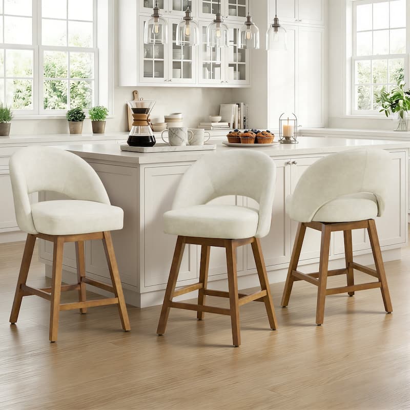 Upholstered Swivel Counter Height Bar Stools with Cutout Back and Solid Wood Frame - 38.2"H x 22.1"W x 23.6"D