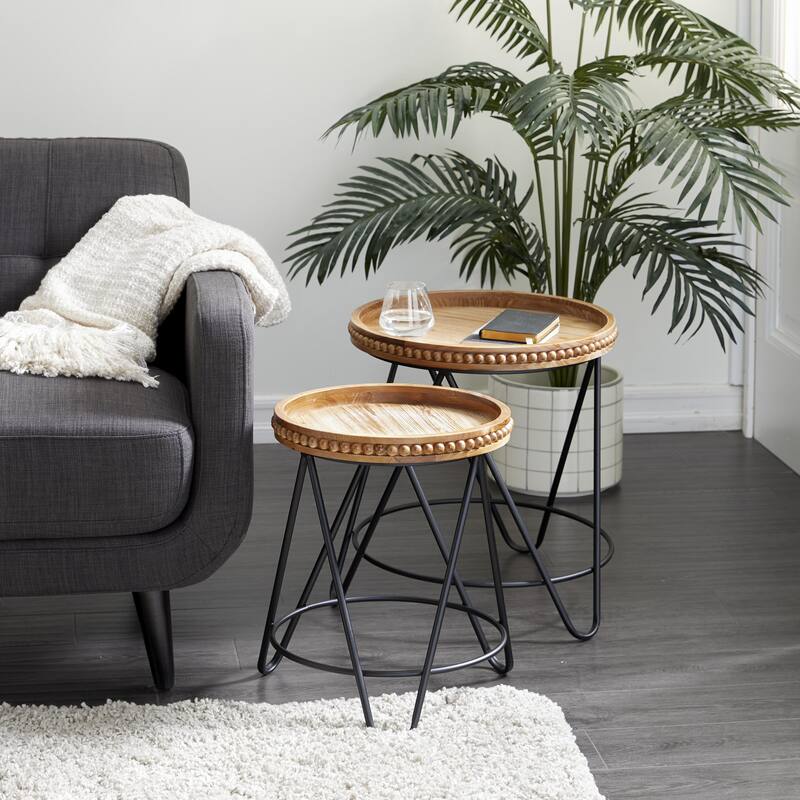 Metal Beaded Accent Table with Brown Wood Tops - Set of 2 Black - Roche River Decor