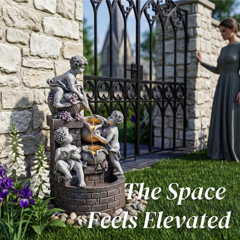 3 Tier Angel Sculpture Outdoor Water Fountain with Grape Decor 20.87in Height and Lights