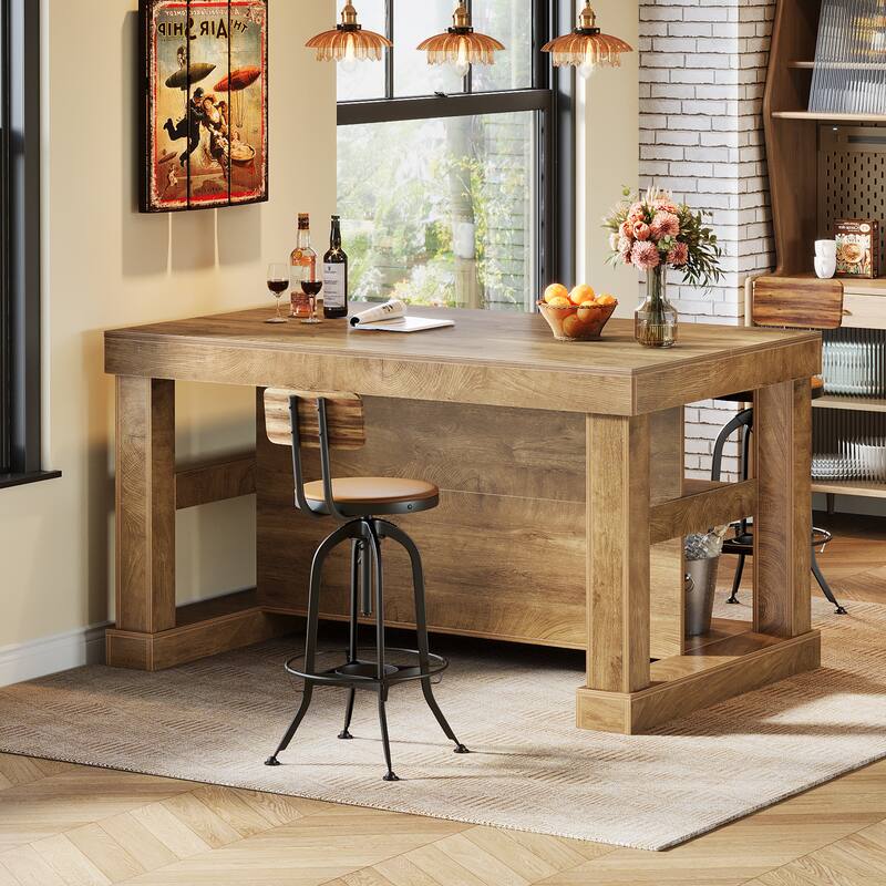 55-Inch Large Home Bar Unit, 3-Tier Pub Table with Storage Shelves - N/A - Rustic Brown