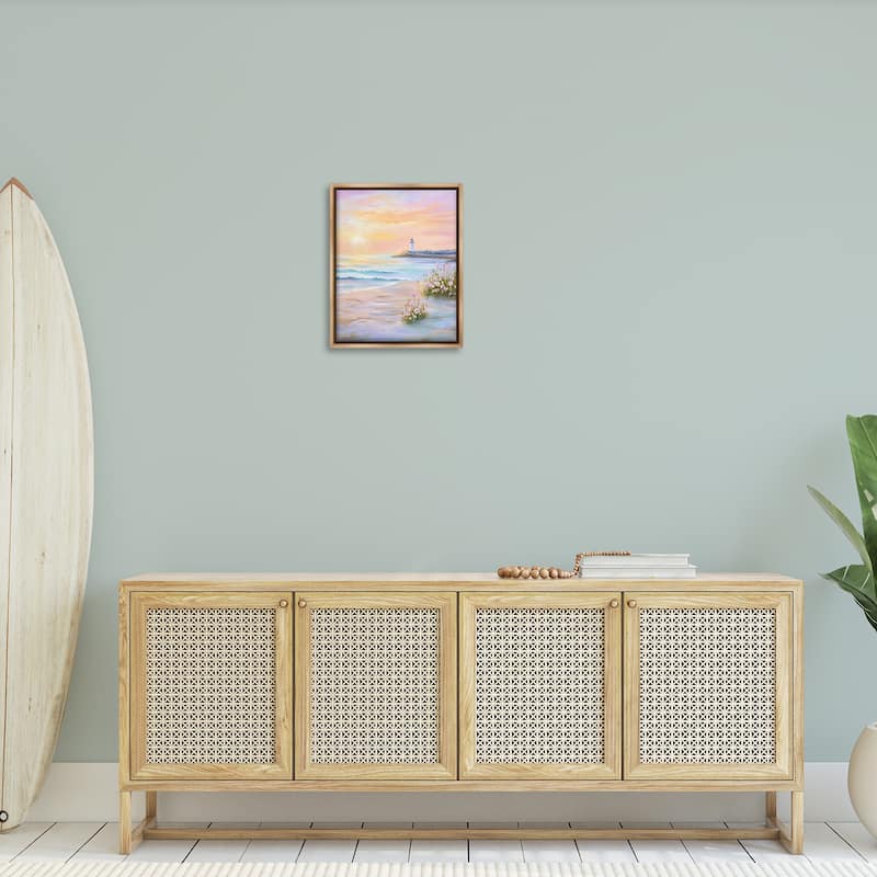 Stupell Warm Sunrise with Distant Lighthouse Framed Floater Canvas Wall Art Design By Arlington Prints