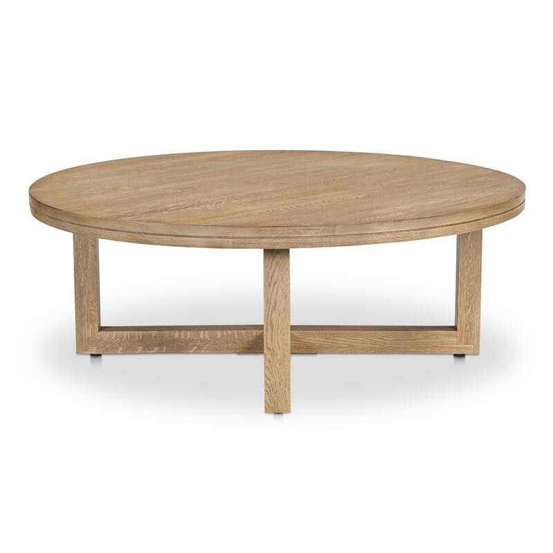 NADAAL STUDIOS Arlisse Coffee Table, Round Top, Solid Oak, Dual‑Layer Top with V‑Groove Iron Crisscross Base, Dark Brown - Natural