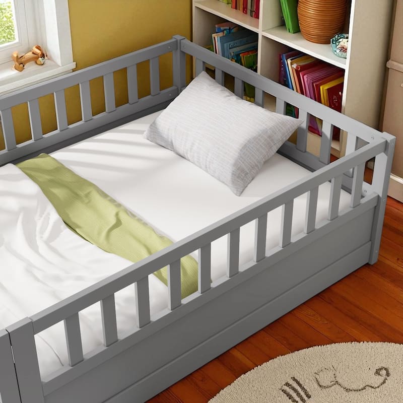 Montessori Twin/Full Size Wooden Floor Bed with Safety Fence and Door, Low Platform Bed Frame for Kids Toddlers