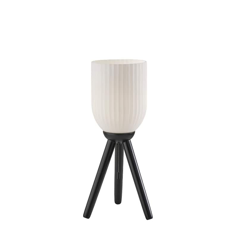 Solid Wood Tripod Table Lamp with White Ribbed Glass Shade and Pull Chain - 10” x 10” x 22.5” (D x W x H) - Black
