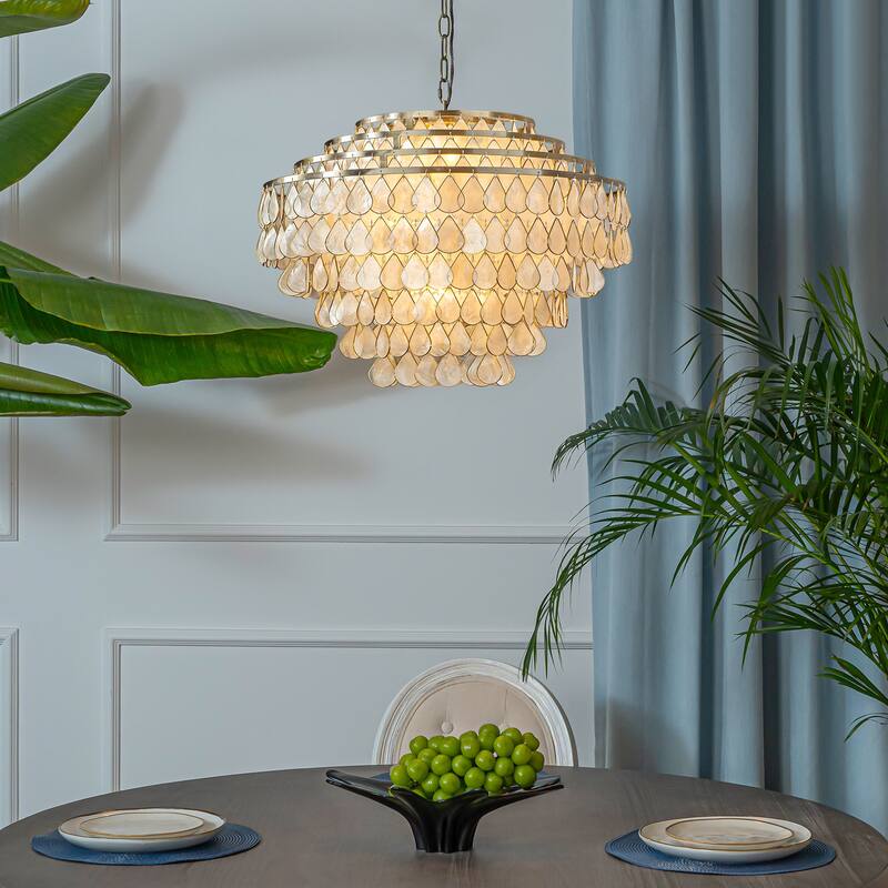 7-Light 24'' Mid-Century Modern Coastal Aged Bronze 4-Tier Natural Capiz Shell Chandelier Glam Pendant Light For Dining Room