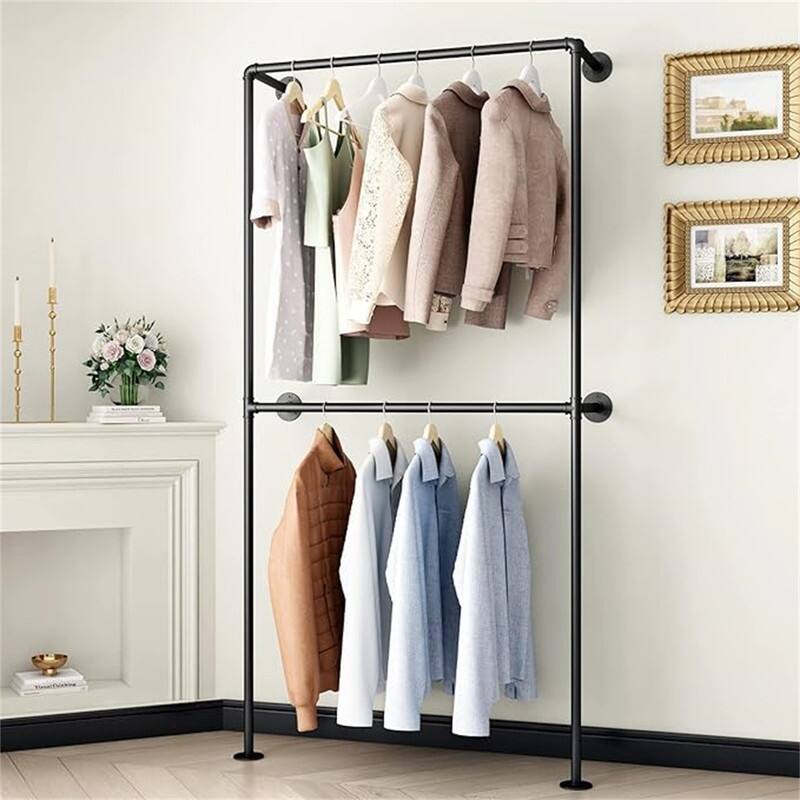 Industrial Pipe Clothing Rack Wall Mounted Garment Rack - 3.74"D x 5.12"W x 43.7"H - Black