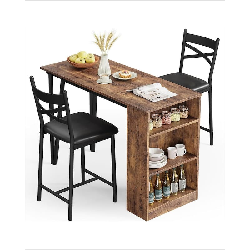 3-Piece 36in Wooden Counter Height Dining Table Set for Kitchen, Bar Table and Chairs - Brown