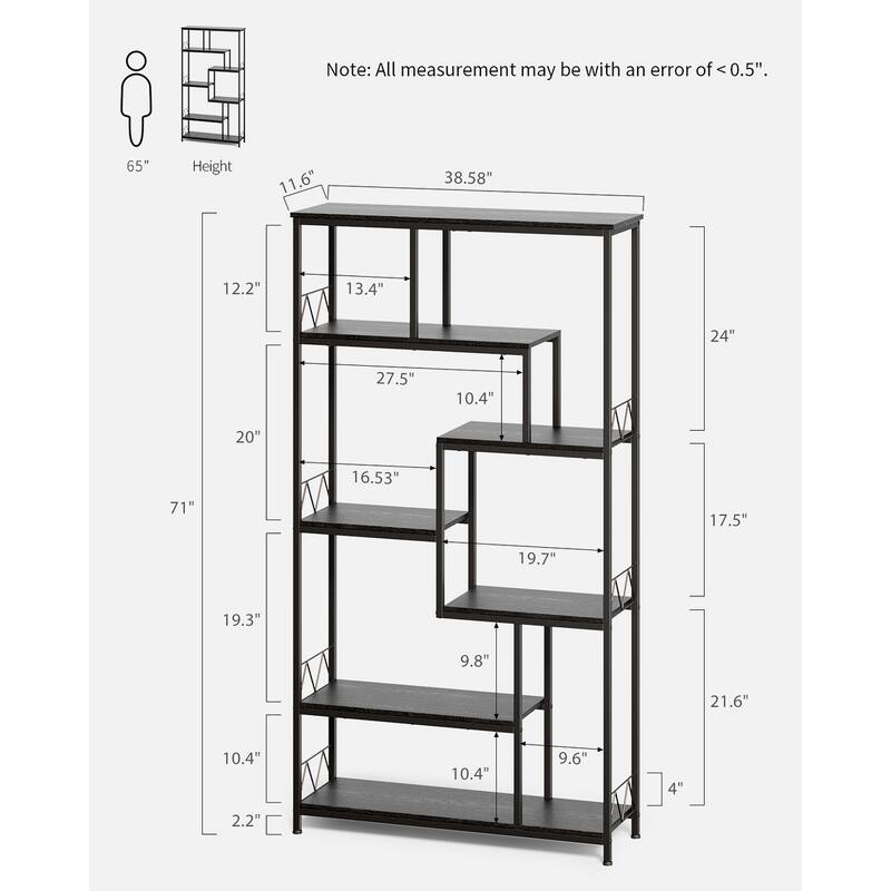 7-Shelves Staggered Bookcase Industrial Etagere Bookcase, Open Book Shelves