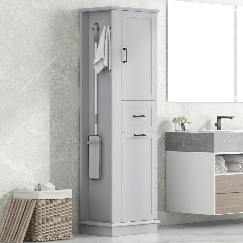 Modern Bathroom Tall Storage Cabinet with Adjustable Shelves,Tilt-Out Compartment and two side hooks