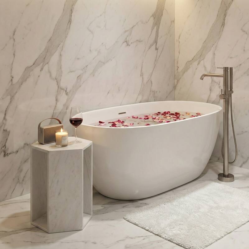 Roomfitters Luxury Natural Marble Hexagon Side Table, Solid Stone Geometric Pedestal End Table, Polished Finish