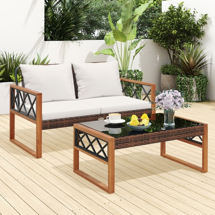 2 Piece Mix Brown PE Rattan Outdoor Loveseat with Cushions and Coffee Table - Loveseat: 28" x 50" x 31.5"