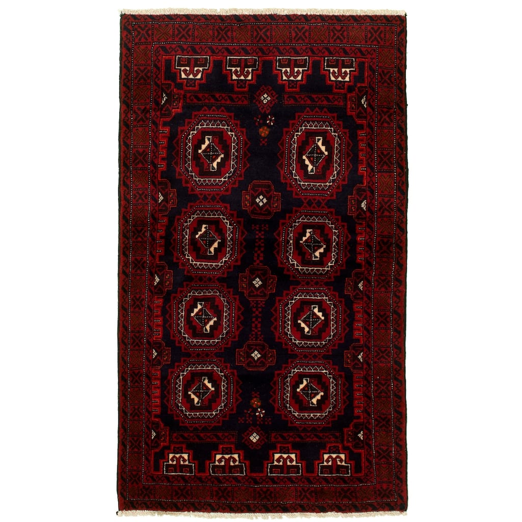 Hand-knotted Rizbaft Navy, Red Wool Rug - 3'4 x 6'1/3'4" x 6'1"
