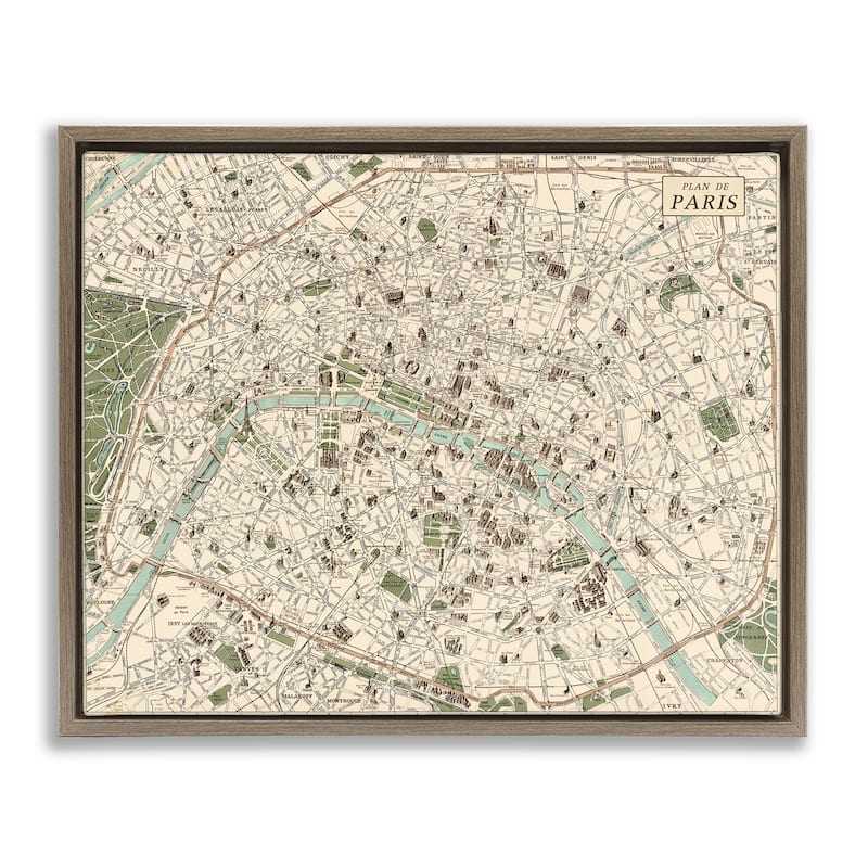 Stupell Vintage Map of Paris Framed Floater Canvas Wall Art Design By Phillipa Katz - 31 x 25 - Brown