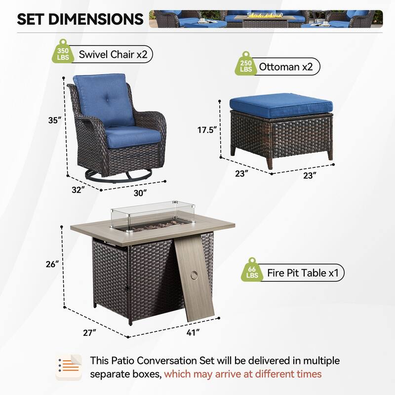 Fire Pit Table with Patio Glider Chairs Ottomans Brown-Blue - Brown