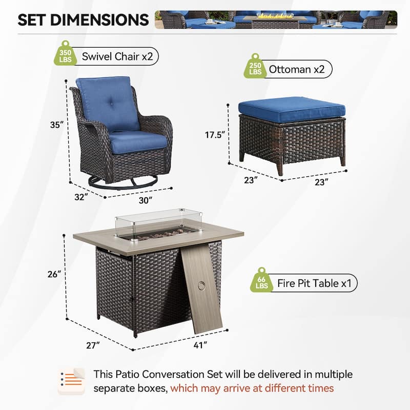 Gymojoy 5-Piece Outdoor Furniture Set, 2 Swivel Glider Chairs, 2 Ottomans & 55K BTU Fire Pit Table