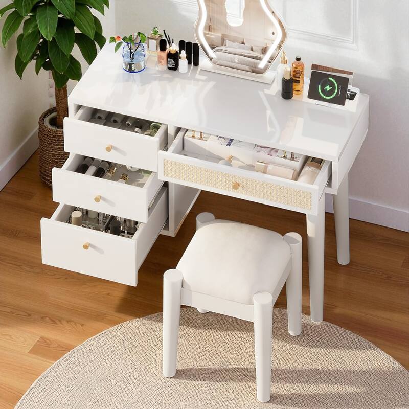Wooden Makeup Vanity Desk with Stool, Rattan Drawer, 39" Boho Style Dressing Table with Charging Plug & USB Port