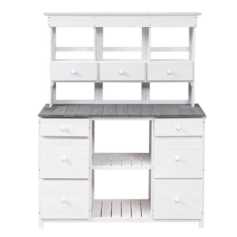 Outdoor Wooden Potting Bench Table with 2 Drawers and Open Shelves - White