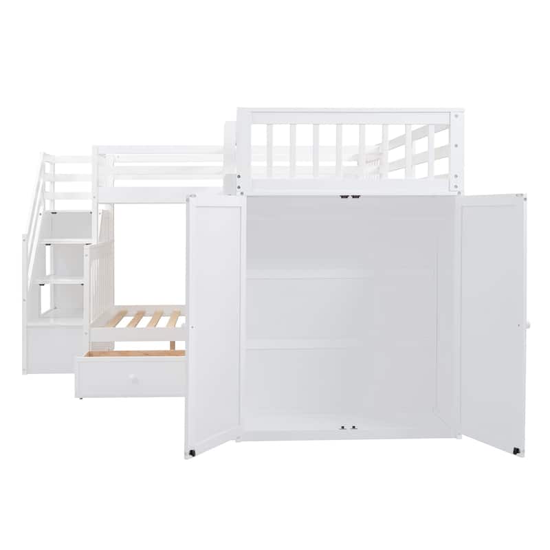 Twin-Twin over Full L-Shaped Bunk Bed With 3 Drawers, and Portable Desk and Wardrobe