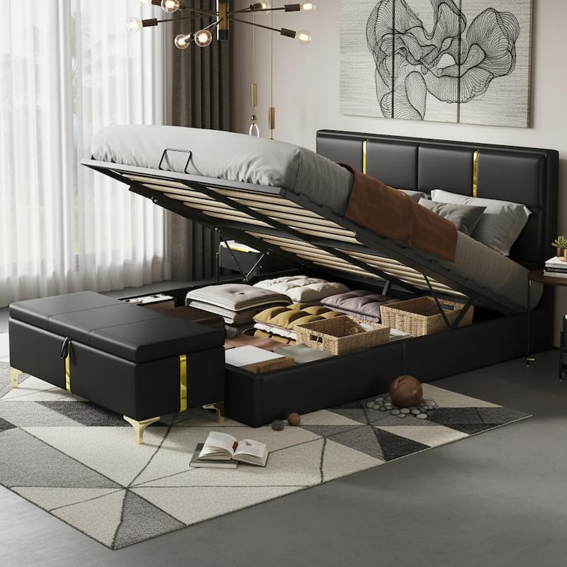 Modern Elegance 2-Piece Bedroom Set with Lift-Up Storage Platform Bed and Gold-Leg Ottoman by Harper&Bright Designs