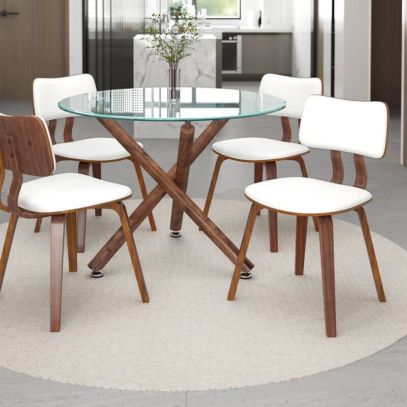 Mid-Century Modern Faux Leather and Wood Dining Chair Set of 4 - White and Walnut
