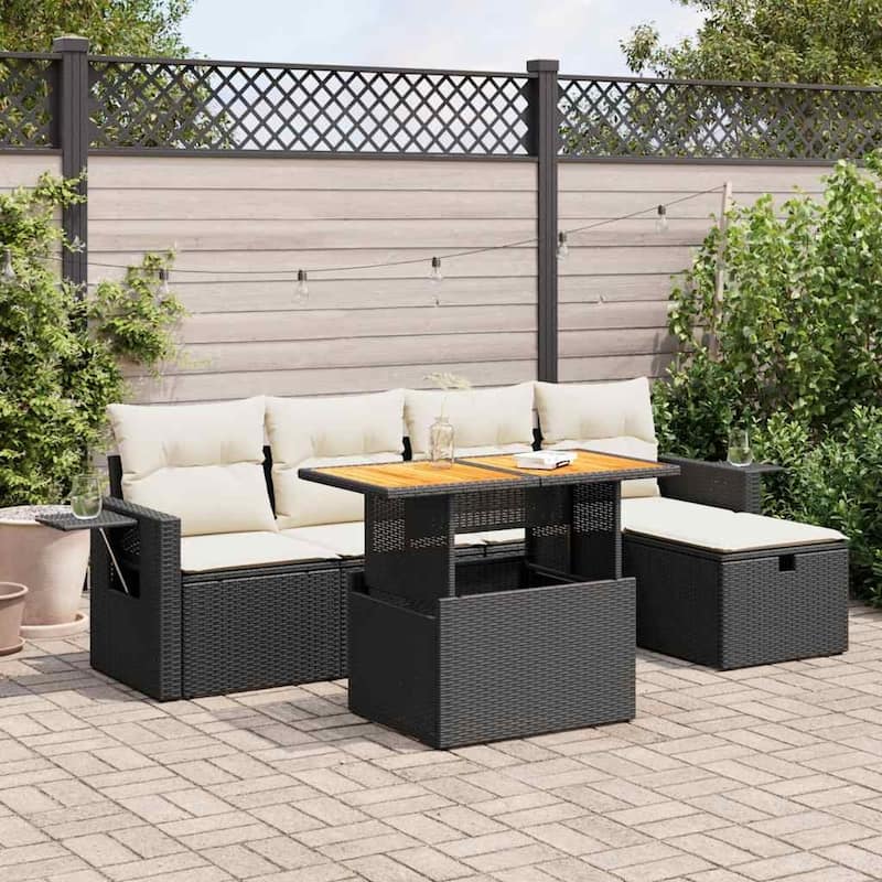 vidaXL Patio Sofa Set with Cushions Outdoor Furniture 6 Piece Poly Rattan - 21.7 x 39.4 x 28.7 - Black and Cream-with storage