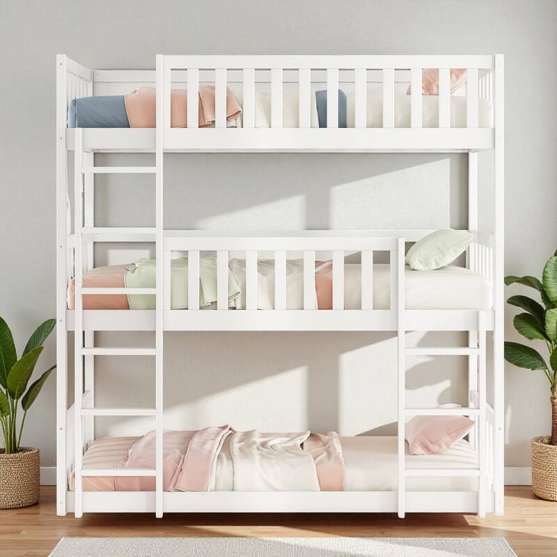 Twin Over Twin Over Twin Rubber Wood Triple Bunk Bed with Guardrails and Ladders, Detachable Convertible Triple Twin Bed Frame - White - Twin