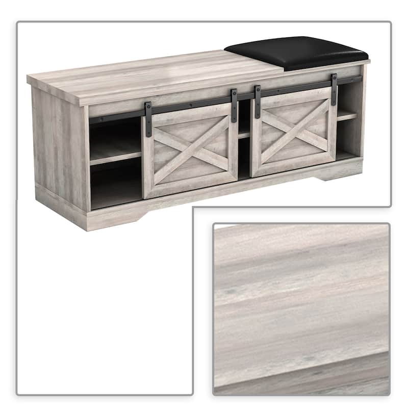 Vintage Farmhouse Style Wooden Storage Bench with Sliding Doors