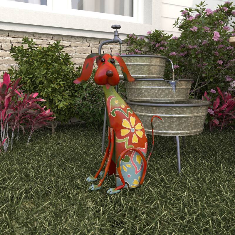Multi Colored Metal Indoor Outdoor Dog Garden Sculpture with Floral Pattern