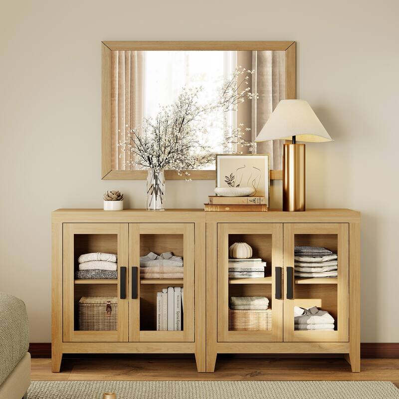 WAMPAT Modern Farmhouse Modular Buffet Cabinet, Glass Door Sideboard with Adjustable Shelves