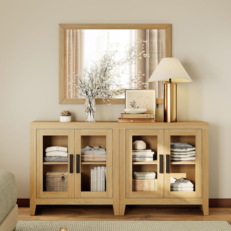 WAMPAT Modern Farmhouse TV Stand, Entertainment Center with Tempered Glass Doors & Adjustable Shelves