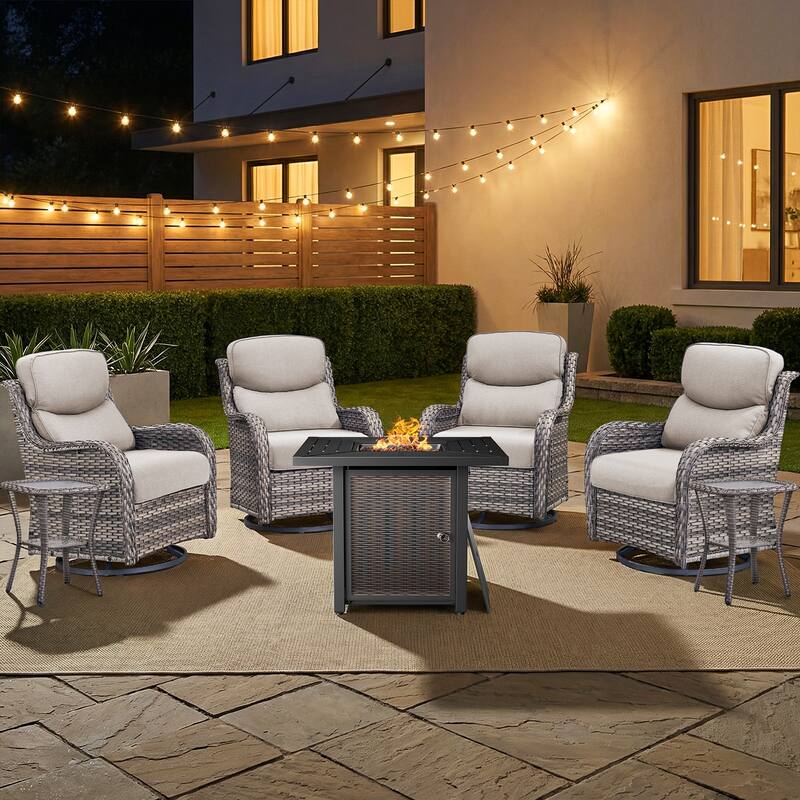 Pocassy 30 In Outdoor Fire Pits with Patio Sofa Swivel Glider Chari Furniture. - Gray Wicker Beige Cushion - 7-Piece Swivel Chair Table w/ Fie Pit Table
