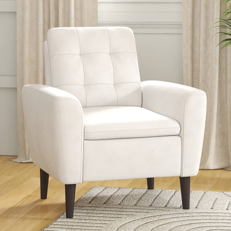 Button Tufted Fabric Accent Chair Armchair with Solid Sagwan Wooden Frame - White