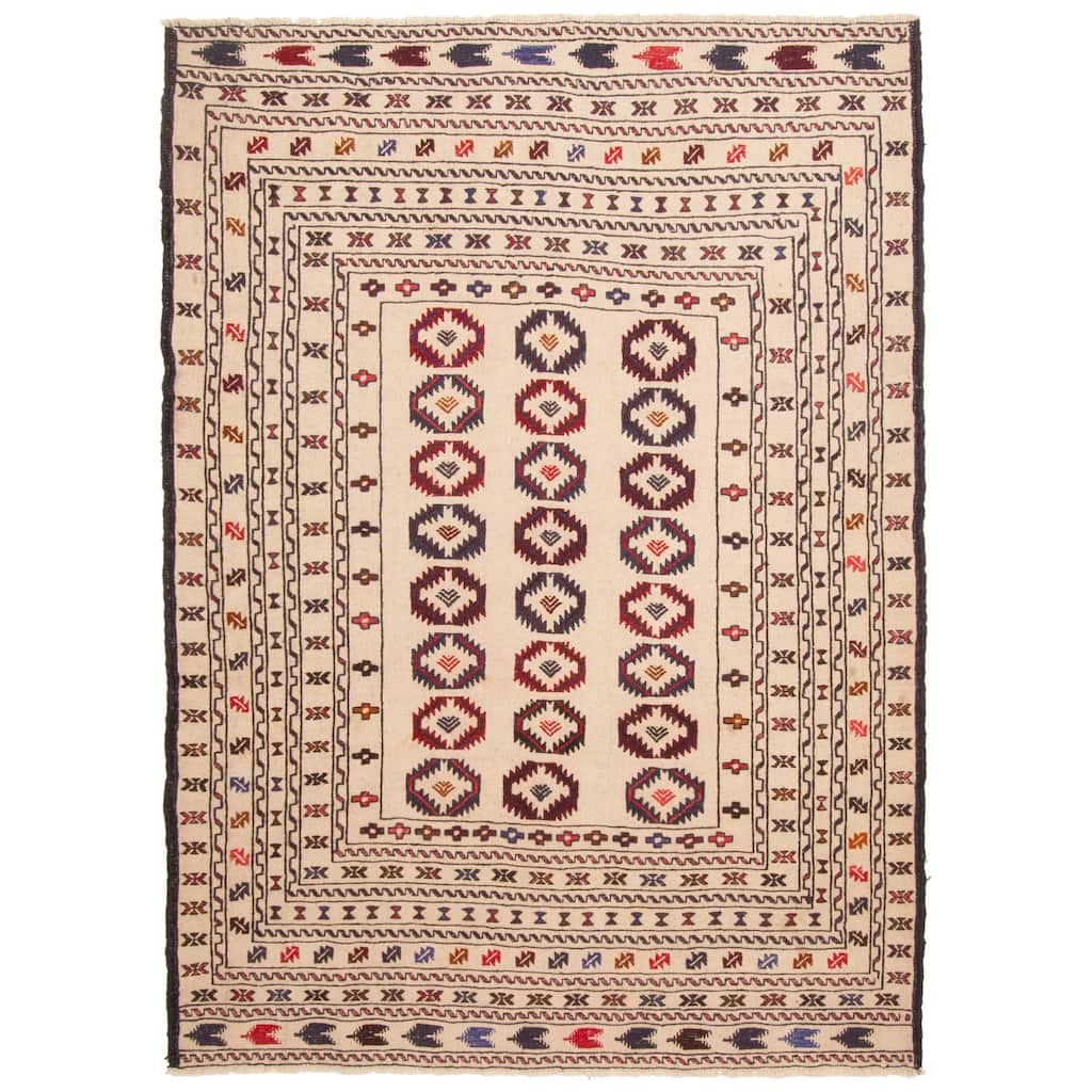 ECARPETGALLERY Flat-Weave Shiravan SMK Cream Wool Tapestry Kilim - 4'5 x 6'5