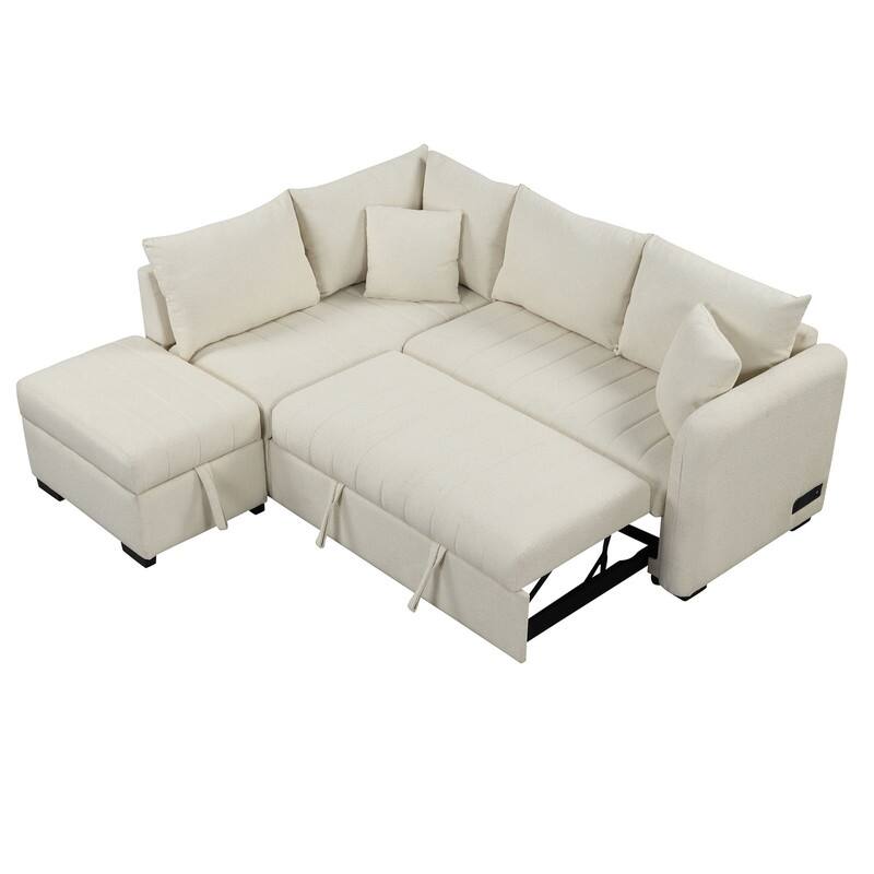 82.6" L-shaped Sectional Pull Out Sofa Bed Sleeper Sofa with Two USB Ports, Two Power Sockets and a Movable Storage Ottoman
