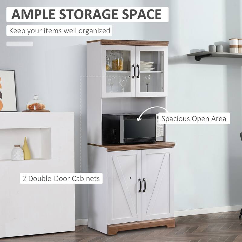 HOMCOM 70" Farmhouse Kitchen Buffet with Hutch, Cupboard Cabinet with Glass Doors, Adjustable Shelves, Microwave Countertop