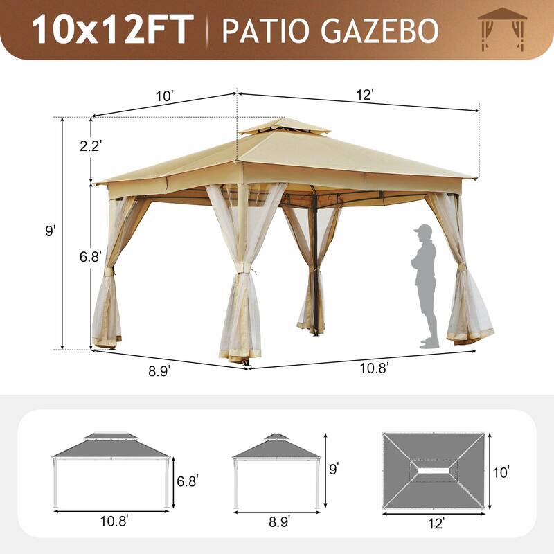 Outdoor Gazebo Tent with Double Roof, Mosquito Netting & Patio Canopy