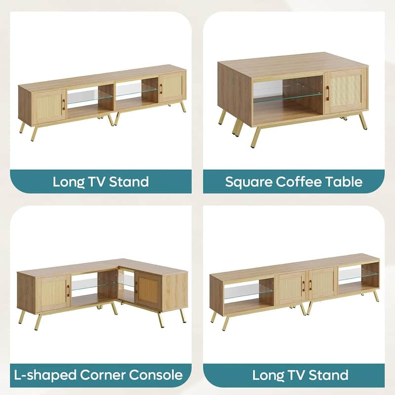 80'' Rattan Black TV Stand for TVs up to 85", Boho LED TV Console with Adjustable Shelves and doors