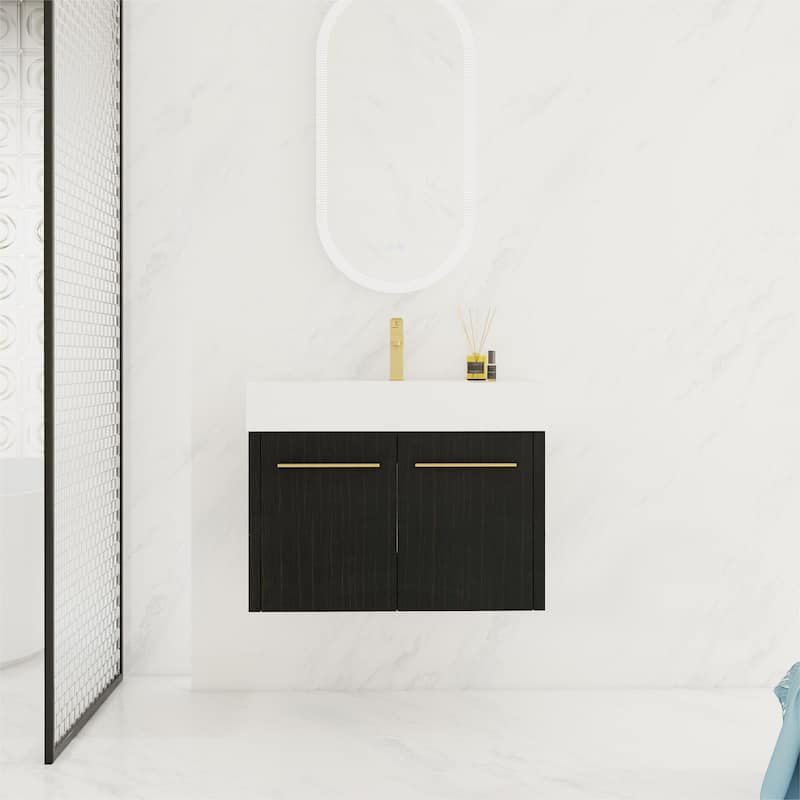 30 Inch Wall-Mounted Bathroom Vanity with Sink, Thick Edged Resin Basin, KD-Package - Black