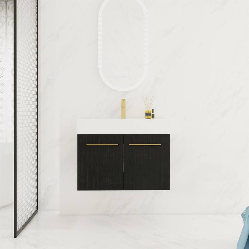 Contemporary Bathroom Vanity with Resin Sink, Soft Closing Hinges, Black Chestnut Finish - 29.5in L Plywood - Black Chestnut
