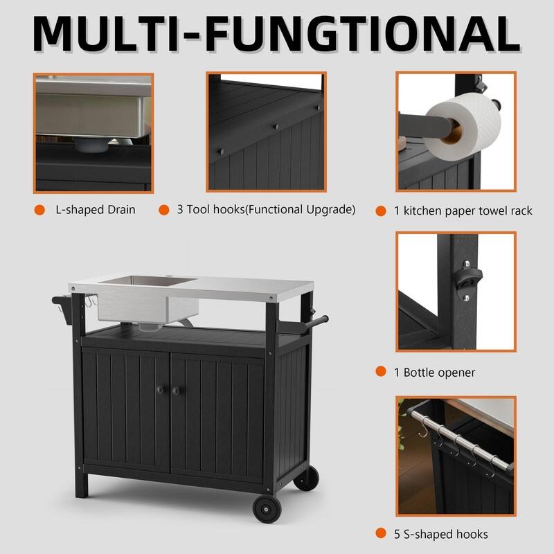 HDPE Outdoor Grill Cart with Sink,Cabinet and Cover, 42 inch Freestanding Modular Kitchen Sink Station in 304 Stainless Steel
