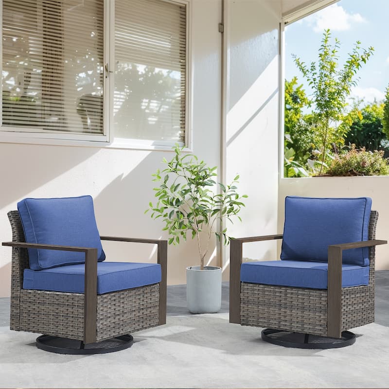 Gymojoy 360° Swivel Wicker Patio Glider Chairs - 2-Piece - Grey Wicker / Blue Cushion