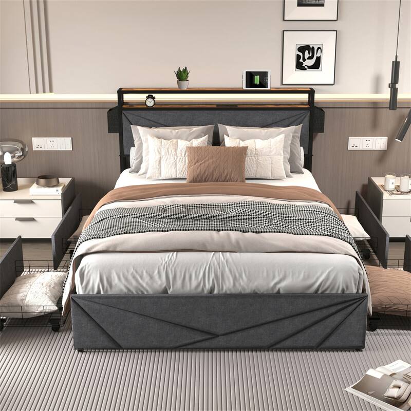 Queen/Full LED Bed Frame, Storage Headboard with Charging Station