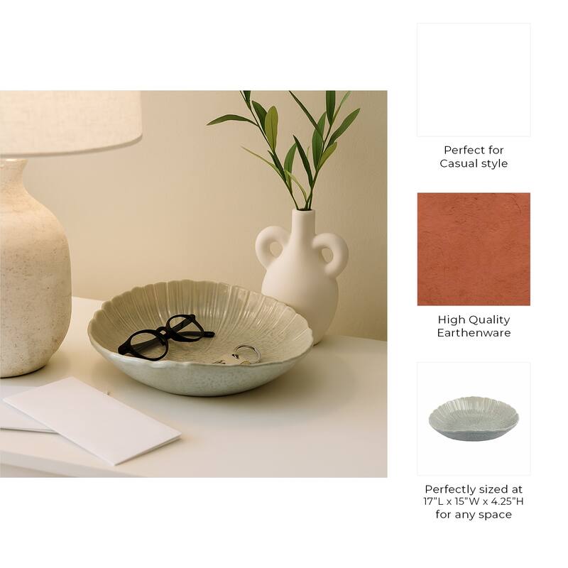 Decorative Round Scalloped Edge Bowl with Speckled Finish - 17", Gray - 17.0"