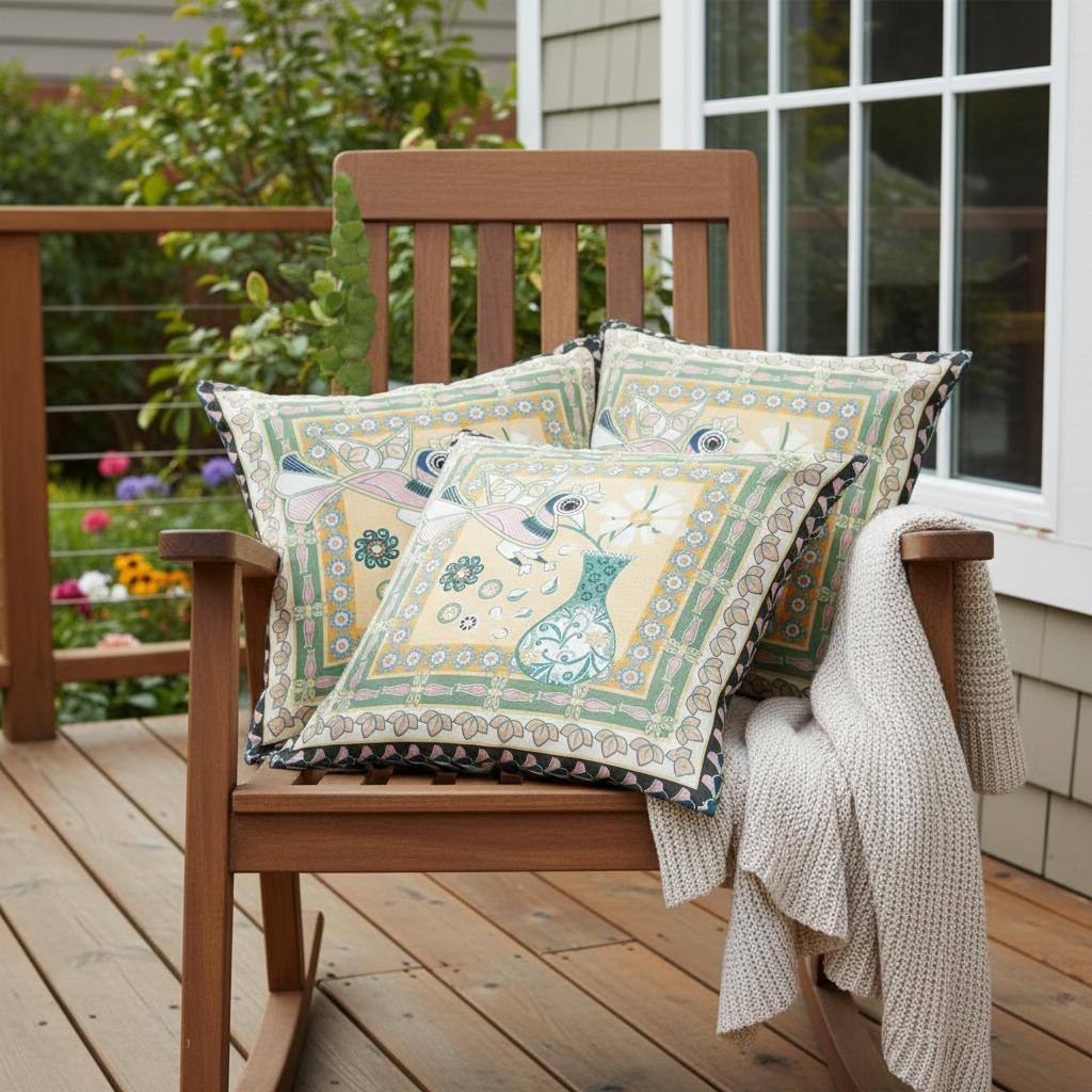HomeRoots Set of Two 16" X 16" Beige and Green Peacock Blown Seam Floral Indoor Outdoor Throw Pillow - 16.00' X '16.00' X '5.00