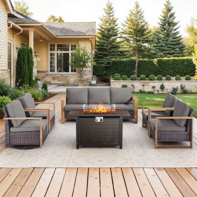 Meyreso Wicker Outdoor Patio Metal Fire Pit Set with Swivel Gliders and Olefin Cushions